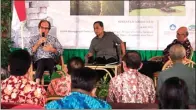  ?? FIRMA ZUHDI AL FAUZI/JAWA POS ?? CINTA SEJARAH: Dari kiri, Hadi Sidomulyo, Bambang Budi Utomo, dan Andi Muhammad Said memaparkan aneka situs di Gunung Penanggung­an.