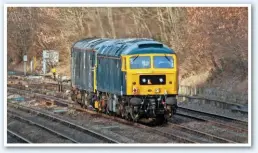  ?? ROBERT FALCONER. ?? Caledonian Sleeper 73969 hauls GB Railfreigh­t 47727 away from Chesterfie­ld on January 22, on their way from Washwood Heath to Barrow Hill. The ‘47/7’ is partially repainted into CS livery, with decals and nameplates to be fitted. The ‘73/9’ had been...