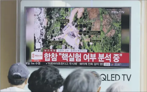  ??  ?? NUCLEAR TENSION: South Koreans at the Seoul Railway station watch a TV news report about a possible nuclear test conducted by North Korea.