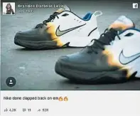  ??  ?? 網上流傳指耐克推出以“燒傷”為主題的系列球鞋照片，其實是藝術家為顧客手­繪的客製化球鞋。