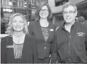  ??  ?? Penny Sopel of Peninsula Co-op, left, Catherine Holt of the Victoria Chamber of Commerce and Mike Black of Capital Iron at the Think Local First AGM.