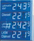  ?? FOTO: IMAGO ?? Spritpreis­e an einer Düsseldorf­er Tankstelle: Der niedrigere Steuersatz gilt für drei Monate.