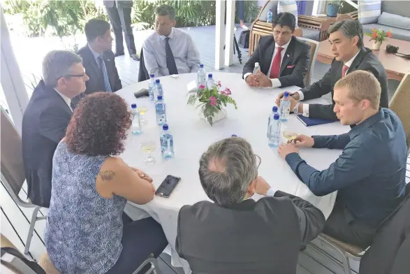  ?? Maraia Vula ?? Acting Prime Minister, Attorney-General, Aiyaz Sayed-Khaiyum (third from right), officiated at the first Franco-Fijian Business Dialogue hosted by the French Ambassador, Sujiro Seam (second from right) at his residence in Suva on May 10, 2018.Photo: