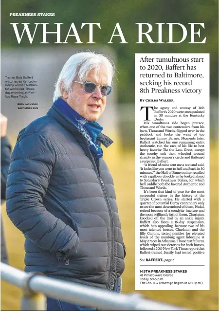  ?? JERRY JACKSON/
BALTIMORE SUN ?? Trainer Bob Baffert watches as Kentucky Derby winner Authentic works out Thursday morning at Pimlico Race Track.