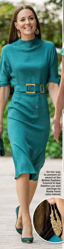  ?? ?? On her way to present an award at the British Fashion Council in teal Edeline Lee and earrings by Nadia Irena (also below)