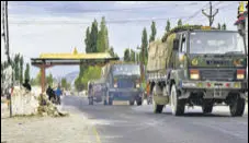  ?? PTI ?? An army convoy moves towards the LAC amid the India-china border dispute in eastern Ladakh in Leh on July 12.