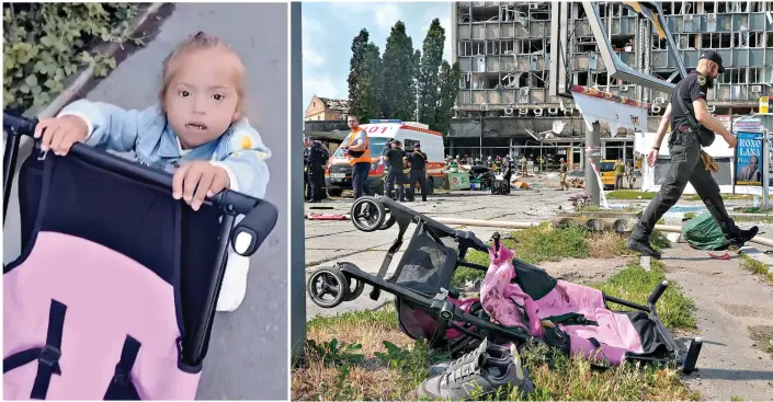  ?? ?? Before and after: Liza pushes her buggy in phone footage taken by her mum... later the same buggy, stained with blood, lies on its side as rescuers clear up the scene