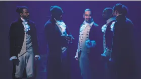  ?? Disney Plus ?? Daveed Diggs (left), Okieriete Onaodowan, LinManuel Miranda and Anthony Ramos are part of the multiracia­l cast of the musical “Hamilton.”