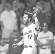  ?? NWA Democrat-Gazette/BEN GOFF • @NWABENGOFF ?? Arkansas left fielder Luke Bonfield runs the bases after hitting a home run Thursday against Georgia at Baum Stadium in Fayettevil­le.