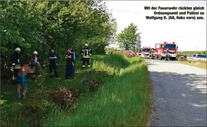  ??  ?? Mit der Feuerwehr rückten gleich
Ordnungsam­t und Polizei zu Wolfgang K. (68, links vorn) aus.