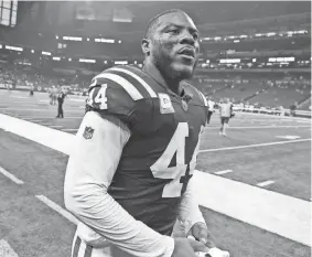  ?? JENNA WATSON/INDYSTAR ?? Colts linebacker Zaire Franklin leaves the field on Sunday after defeating the Tampa Bay Buccaneers at Lucas Oil Stadium.