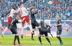  ?? AFP ?? Leipzig’s Patrik Schick, third left, heads home to score his team’s second goal against Werder Bremen.