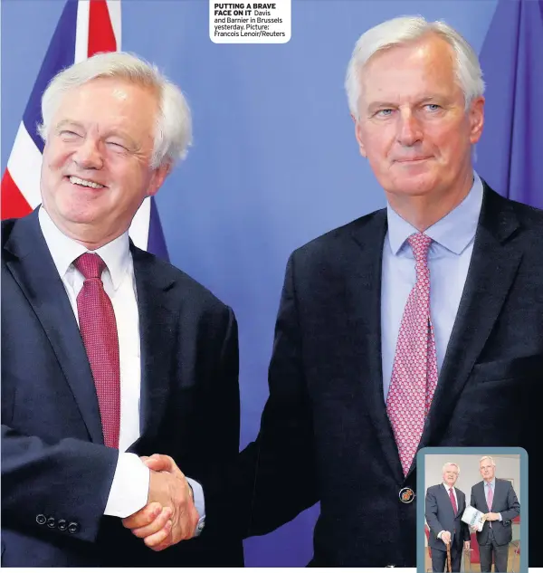  ??  ?? PUTTING A BRAVE FACE ON IT Davis and Barnier in Brussels yesterday. Picture: Francois Lenoir/Reuters