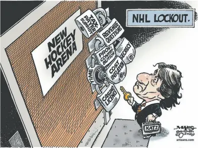  ?? Malcolm Mayes/ Edmonton Journal ?? Mayes’s take on the situation in September 2012, as negotiatio­ns between the Katz Group and the city became more and more fractious.