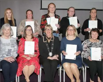  ??  ?? CTEC graduates receiving QQI Component awards in Business, Childcare and Healthcare, pictured with Madeleine Quirke, CTEC Board of Management and Deputy Mayor Maura Bell.