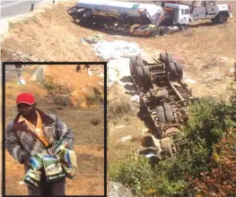  ??  ?? The 30-tonne haulage truck travelling from Harare to Mutare hit a fuel tanker belonging to Marongwe, which had broken down at Mufusire in Headlands. Inset: An unidentifi­ed man walks away from the accident scene after looting six 2kg packets of rice.