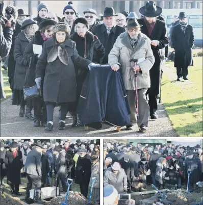  ??  ?? FINAL JOURNEY: Top, a group of Holocaust survivors wheel a covered coffin with the remains of six unknown Jews murdered at Auschwitz, before burial at the United Synagogue’s New Cemetery in Bushey, Hertfordsh­ire, above. The ashes and bones were sent to the Imperial War Museum in 1997.