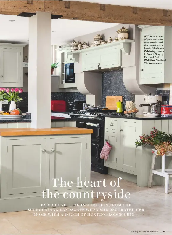  ??  ?? Kitchen A coat of paint and new tiles transforme­d this room into the heart of the home. Cabinetry, painted in French Gray by Farrow & Ball.
Wall tiles, Stratford Tile Warehouse.