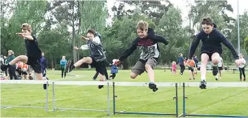  ??  ?? Jake Boote, Daniel Waide, Logan Naus and Dallas Swain fly over the hurdles in windy conditions at Warragul Little Athletics Centre.