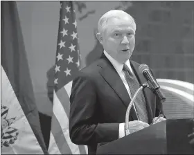  ?? AP/PABLO MARTINEZ MONSIVAIS ?? U.S. Attorney General Jeff Sessions gives the keynote address at the graduation ceremony at the Internatio­nal Law Enforcemen­t Academy in San Salvador, El Salvador, on Friday.