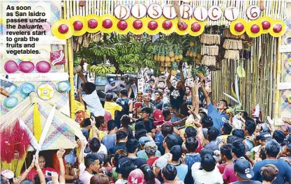  ?? ?? As soon as San Isidro passes under the baluarte, revelers start to grab the fruits and vegetables.