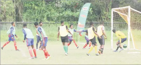  ??  ?? Sir Leon Lessons scoring one their 13 goals against Brickdam Secondary in the fifth annual Milo Secondary Schools U18 football championsh­ips yesterday at the Ministry of Education ground, Carifesta Avenue.