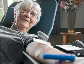  ?? BEJON HASWELL/STUFF ?? Pat Smolenski has good reason to look relaxed giving blood yesterday: she has been doing it for 55 years.