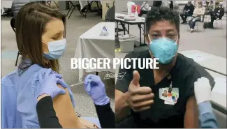  ?? BUDWEISER VIA THE ASSOCIATED PRESS ?? An advertisem­ent Budweiser is running before the Super Bowl shows health care workers getting vaccinated.