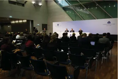  ?? (Kai Pfaffenbac­h/Reuters) ?? EUROPEAN CENTRAL BANK President Mario Draghi addresses a news conference following the Governing Council’s interest-rate decision at ECB headquarte­rs in Frankfurt yesterday.