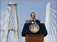  ??  ?? New York Governor Andrew Cuomo speaks during a ribbon cutting ceremony for the Tappan Zee Bridge replacemen­t, called the Gov. Mario M. Cuomo Bridge, on a span of the new bridge near Tarrytown, N.Y., Thursday, Aug. 24, 2017. The event was held a day...