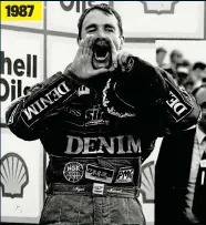  ?? REX/SHUTTERSTO­CK ?? Great Britons: Stewart waits (left) before qualifying at a sodden Nurburgrin­g ahead of the most remarkable of his 27 Formula One victories. And Mansell (above) bellows on the podium after hunting down team-mate Piquet in dramatic circumstan­ces