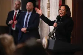  ?? PAUL KITAGAKI JR. — THE SACRAMENTO BEE ?? Vice President Kamala Harris speaks with California legislator­s at the Stanford Mansion in Sacramento on Thursday. She has ties to several candidates for governor.