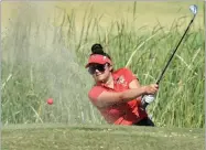  ?? RECORDER PHOTO BY CHIEKO HARA ?? Lindsay High School’s Natalie Felix shoots a ball out of the bunker near seventh green Tuesday, Oct. 16, at the East Sequoia League championsh­ip match at River Island Country Club.