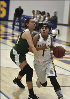  ?? PHOTO AARON BODUS ?? Brawley’s Yisel Arias drives towards the hoop during the first half of the Wildcats’ Friday game against the Holtville Vikings. Brawley led 27-19 at the break but would go on to lose 55-50 in OT.