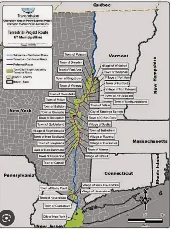  ?? Courtesy CHPE ?? The path of the Quebec-New York City CHPE power line.