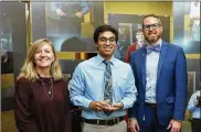  ?? WARREN COUNTY ESC ?? Amogh Lyanna (center) was recognized for academic excellence. Lyanna is flanked by his mentor, Dee Dee Messer, a Mason High School teacher, and Mason Superinten­dent Jonathan Cooper.