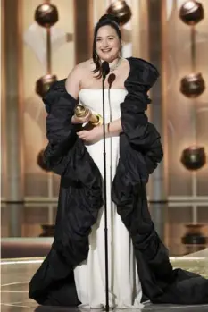  ?? Sonja Flemming/CBS ?? Lily Gladstone accepts the award for best female actor in motion picture-drama for her role in “Killers of the Flower Moon” during the 81st Annual Golden Globe Awards in Beverly Hills, Calif., on Sunday.