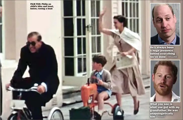  ??  ?? FILM FUN: Philip on child’s bike and inset, below, rowing a boat