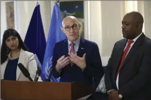  ?? (AP/Odelyn Joseph) ?? United Nations High Commission­er for Human Rights Volker Turk (center) gives a press conference
Friday in Port-au-Prince, Haiti.