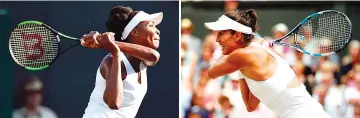  ?? — AFP photo ?? A combinatio­n of pictures created in London on July 14, 2017 shows US player Venus Williams (L) playing a shot and Spain's Garbine Muguruza (R) playing a shot as they compete to get to the women's singles final at the 2017 Wimbledon Championsh­ips at...