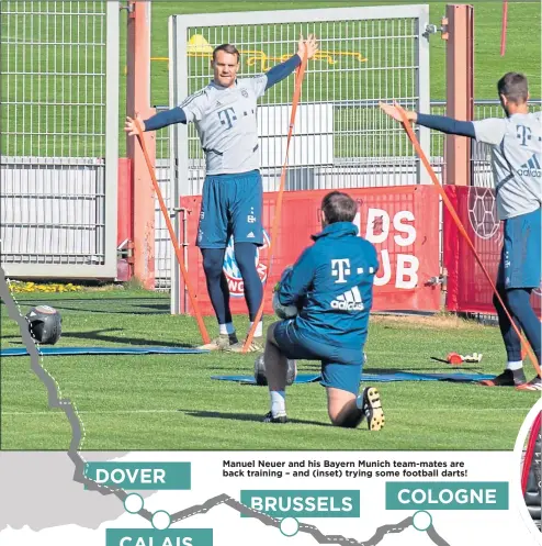  ??  ?? Manuel Neuer and his Bayern Munich team-mates are back training – and (inset) trying some football darts!