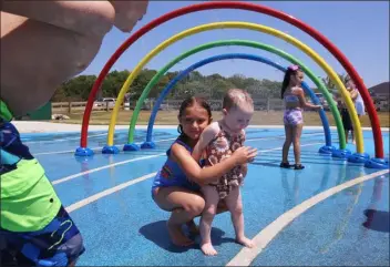  ?? SUN FILE PHOTO — JULIA MALAKIE ?? Local children, as pictured here in July 2022, won’t be able to cool off at the splash pad at Veterans Memorial Park this summer due to Dracut’s budget deficit, according to Town Manager Ann Vandal.