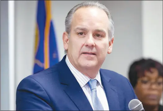  ?? STEVE MARCUS (2022) ?? Clark County School District Superinten­dent Jesus Jara responds to a question during a news conference in March 2022 at the Clark County School District administra­tive offices. Jara, who was hired in 2018, wants the School Board to buy out the remainder of his contract, which continues through 2026.