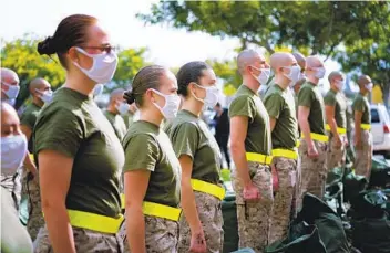  ?? NELVIN C. CEPEDA U-T PHOTOS ?? Recruits at Marine Corps Recruit Depot San Diego stand at attention Tuesday during the issuing of gear. The Marines are far behind the other military services, which integrated their training by the 1990s.