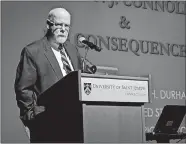  ?? BOB THIESFELD/COURTESY OF THE COOL JUSTICE REPORT ?? Connecticu­t U.S. Attorney John Durham details his role as a special prosecutor in the Whitey Bulger case Monday at the University of St. Joseph in West Hartford.