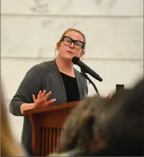  ?? (Arkansas Democrat-Gazette/Stephen Swofford) ?? Syard Evans, CEO of the Arkansas Support Network, gives remarks at the start of a news conference in the rotunda of the state Capitol on Thursday calling on the state to invest in areas like preschools and disability services.