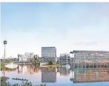  ?? VISUALISIE­RUNG: INGENHOVEN ARCHITECS ?? Das Pier One (rechts) soll auf Pfählen vor der Kesselstra­ße im Wasser entstehen. Daneben liegen die Hafenspitz­e auf der Speditions­traße, die GehryBaute­n und der Rheinturm.