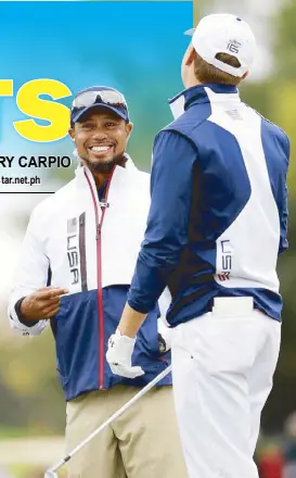  ?? AFP ?? Vice-captain Tiger Woods of the US speaks to Jordan Spieth during practice prior to the 2016 Ryder Cup at Hazeltine National Golf Club in Chaska, Minnesota.