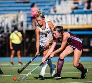  ?? JAMES BEAVER — FOR MEDIANEWS GROUP ?? Wissahicko­n’s Brynne Miller (3) fights for a loose ball against Abington’s Olivia Dougherty (12) Wednesday afternoon.