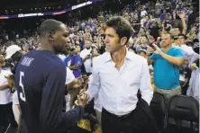  ?? Carlos Avila Gonzalez / The Chronicle ?? Bob Myers (right), who helped lure Kevin Durant to the Warriors, will oversee the team’s basketball operations.